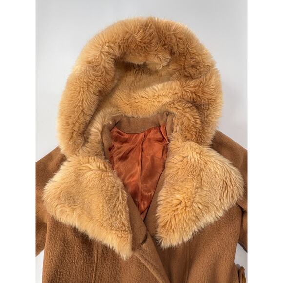 60s 70s Vintage Wool Coat Belted Camel Fur Collar & Cuffs Hooded Jacket Mob Wife - Picture 10 of 16